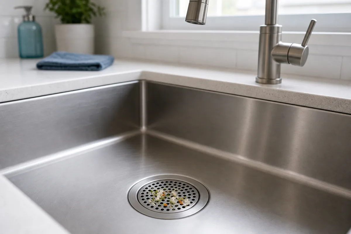 Grille de protection retenant de petits débris dans un évier de cuisine