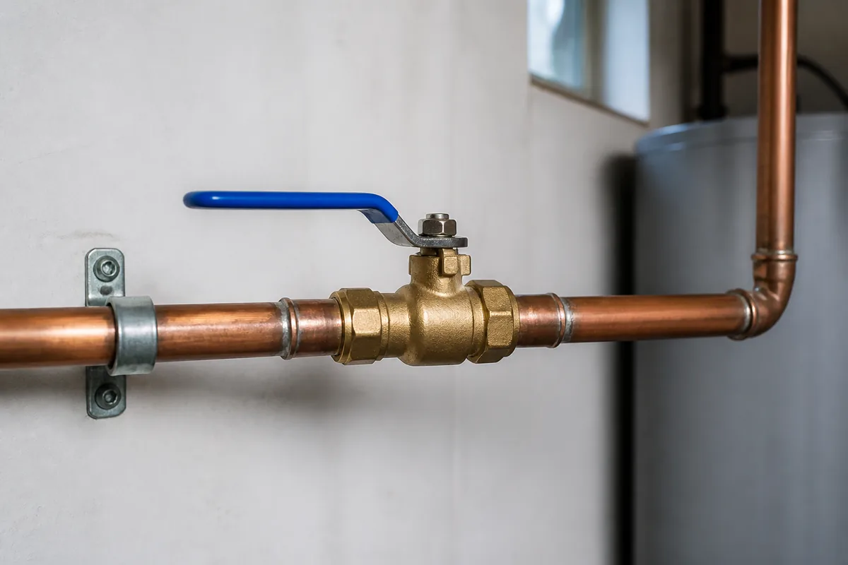 Valve principale d'arrêt d'eau avec poignée bleue sur une conduite de cuivre